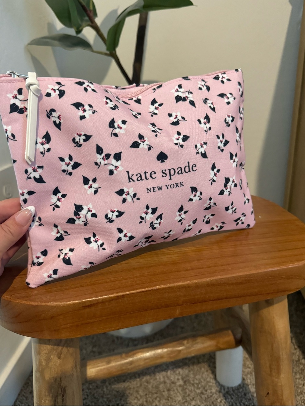 kate spade Pink Floral Zip Cosmetic Pouch with Navy Accents